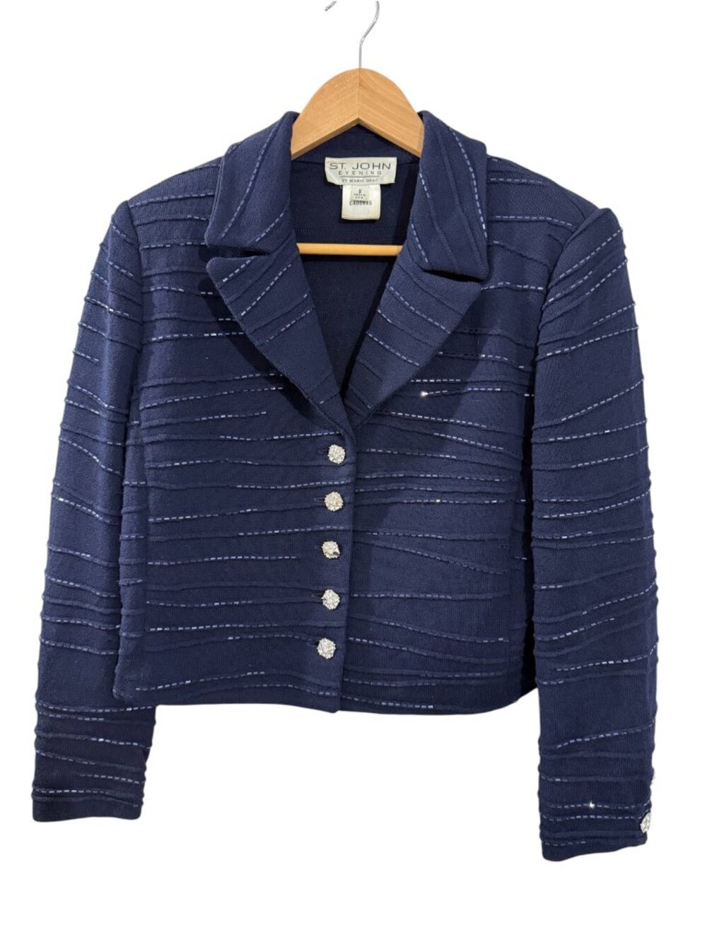 St John Evening Navy Crystal Button Embellished Knit Jacket 8